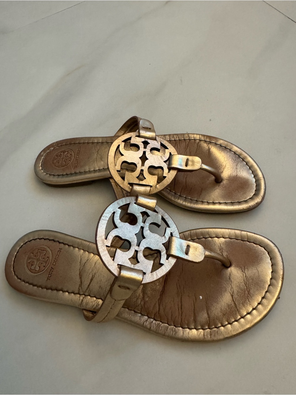 Tory Burch Metallic Gold Logo Thong Sandals